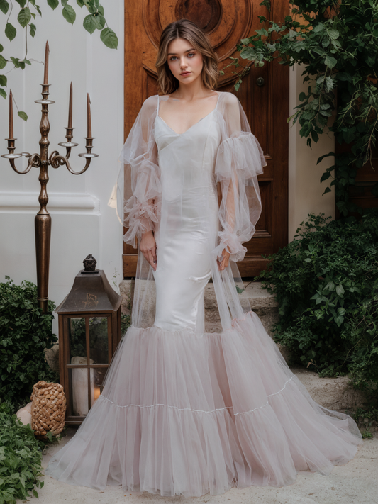 Luxury 3 colors Layered Tulle Sheer Robe Dress | Couture Ruffle Boudoir Robe Set