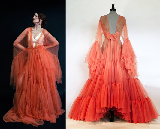 Tulle Ruffled Sleeves Layered Fringe Long Robe Dress