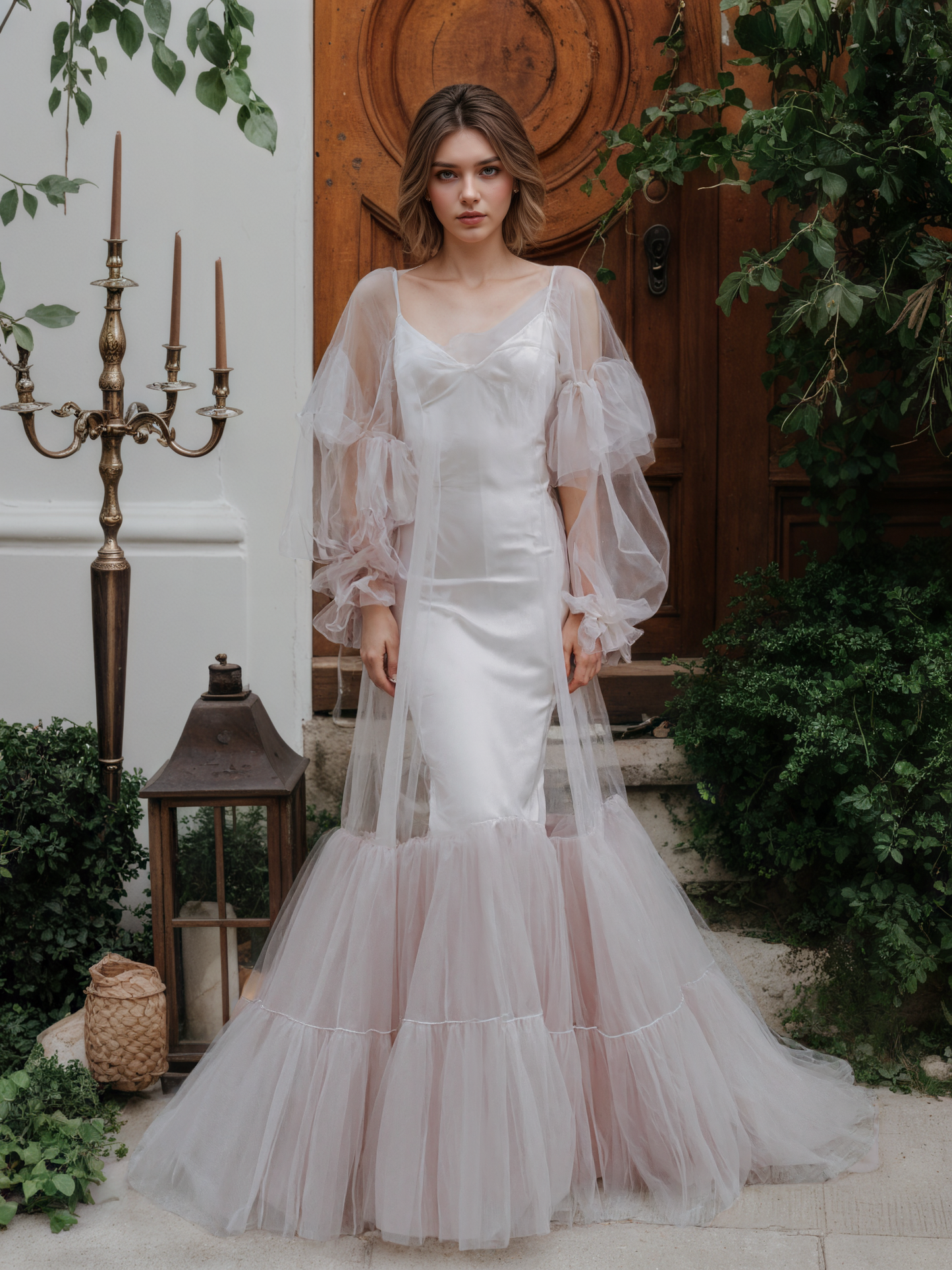 Luxury 3 colors Layered Tulle Sheer Robe Dress | Couture Ruffle Boudoir Robe Set