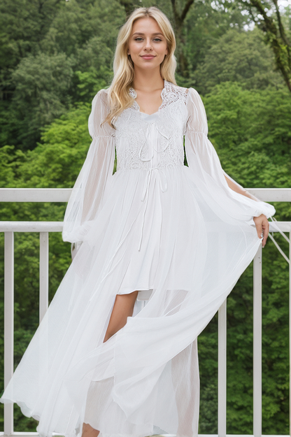 Boho Lace Embroidered Long Sheer Robe Set with Camisole Dress