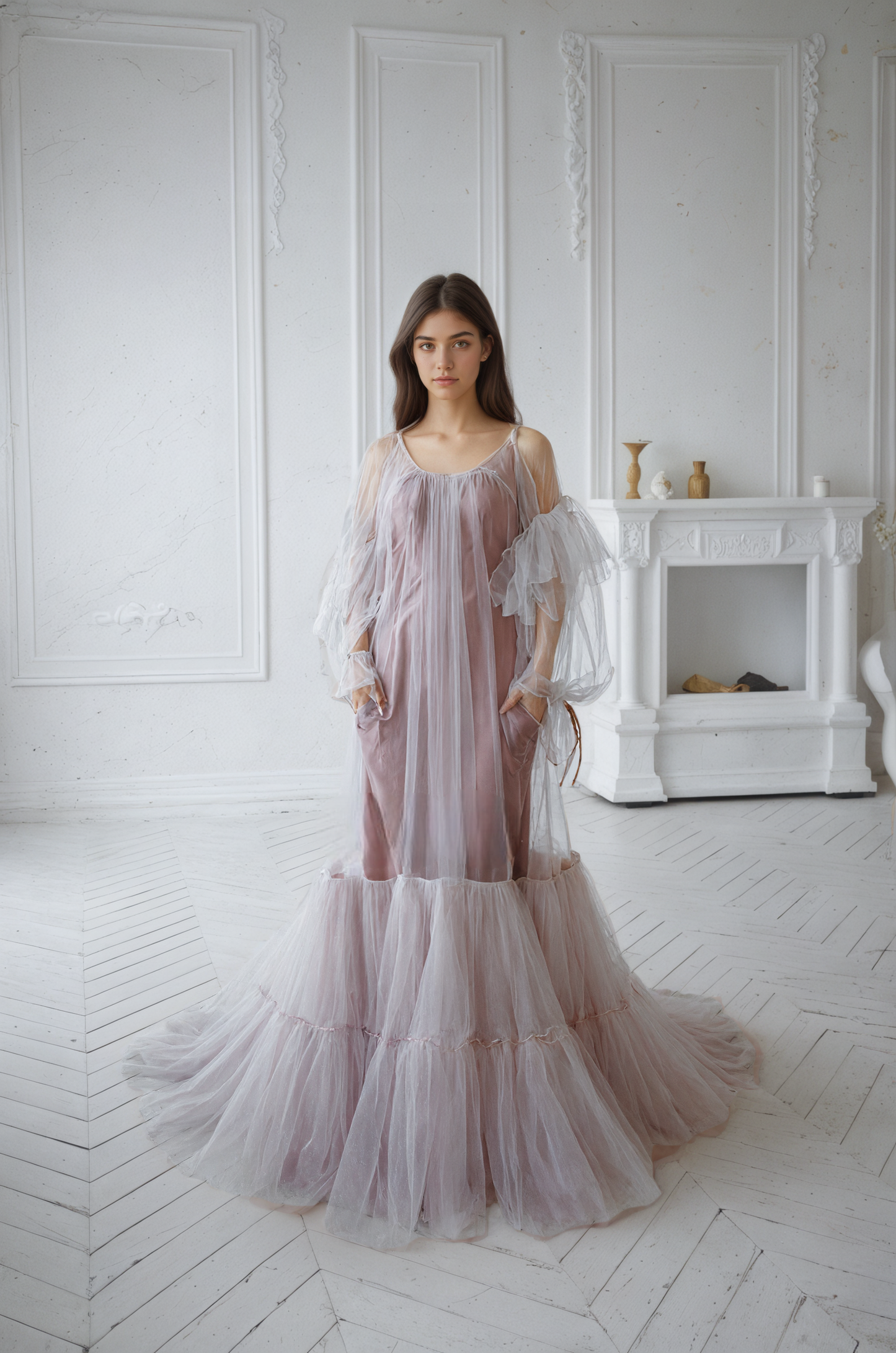 Luxury 3 colors Layered Tulle Sheer Robe Dress | Couture Ruffle Boudoir Robe Set