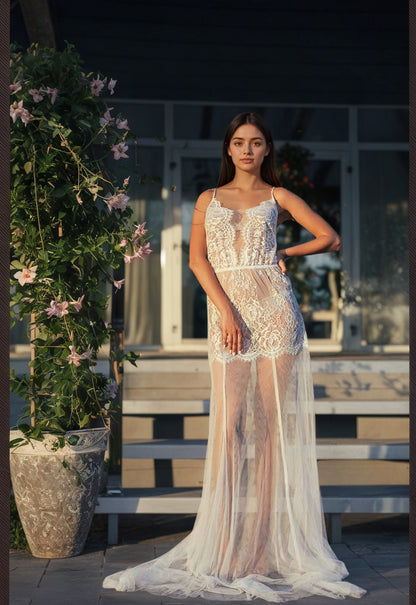 Ethereal Lace Sheer Long Robe with Flowing Train – Elegant Bridal Boudoir Gown