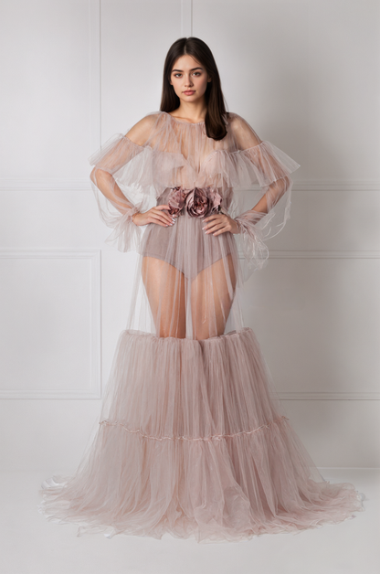 Luxury 3 colors Layered Tulle Sheer Robe Dress | Couture Ruffle Boudoir Robe Set