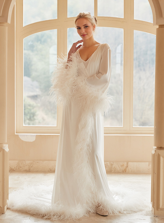 Luxury Thick Ostrich Feather Floor-Length Satin Robe with Train – Elegant Bridal Loungewear