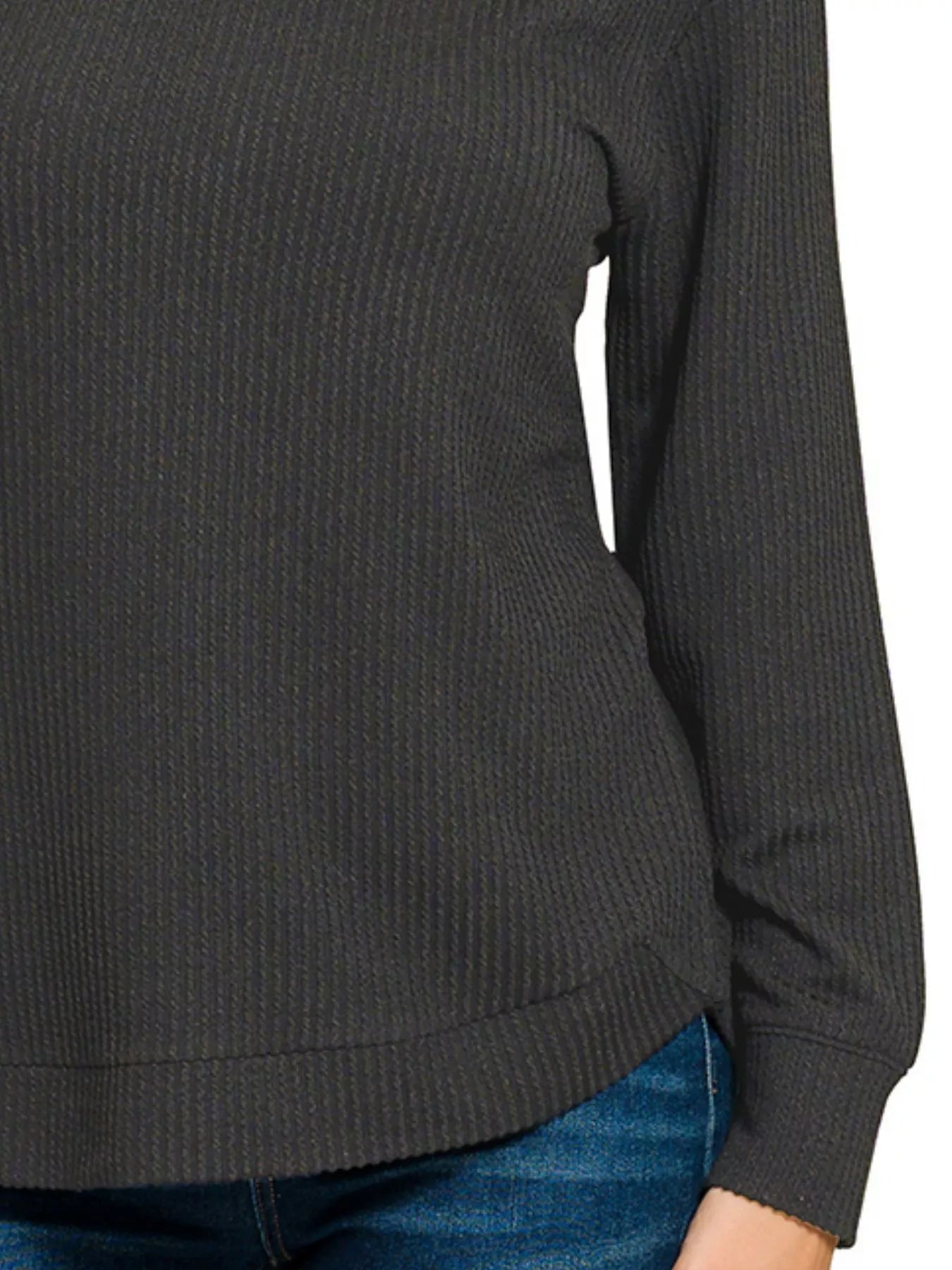 Zenana Full Size Raised Rib Round Neck Long Sleeve Top Plus Size in Black