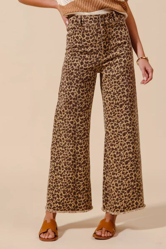 SO ME Mid Rise Leopard Twill Frayed Hem Wide Leg Pants