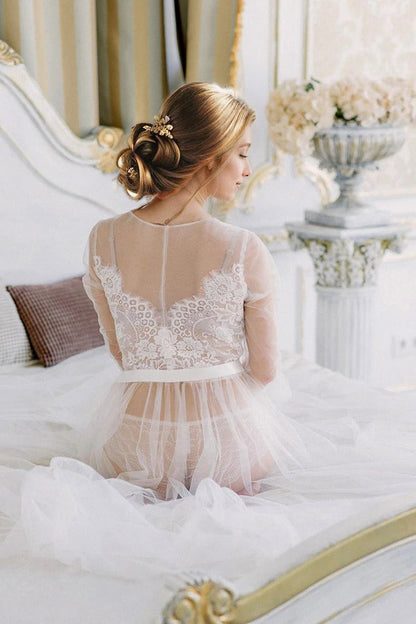 Elegant Sheer Lace Bridal Robe – Long-Sleeve See-Through Lingerie Gown