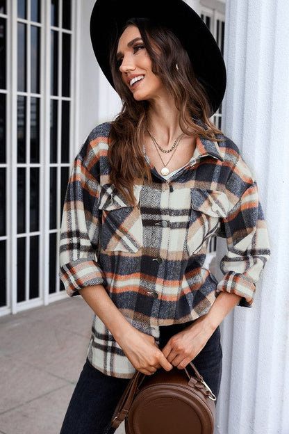 Geometric Plaid Print Pocketed Shirt for Women