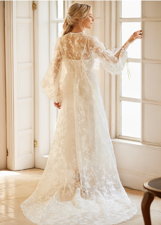 Ethereal Lace Long-Sleeve Sheer Bridal Robe Dress with Train