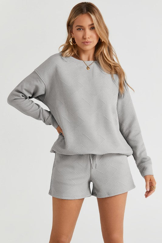 Textured Long Sleeve Top and Drawstring Shorts Set