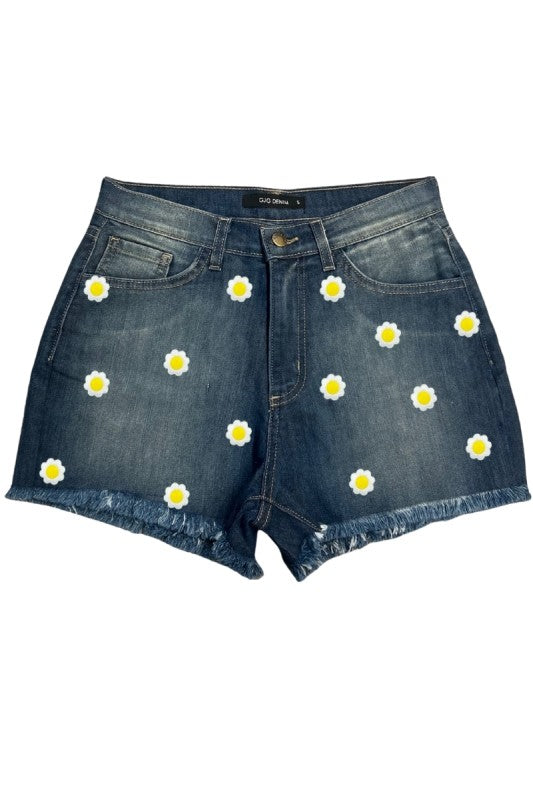 GJG Denim Blue High-Waisted Daisy Embroidered Denim Shorts