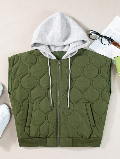 Oversized Drawstring Hooded Zip Up Puffer Vest