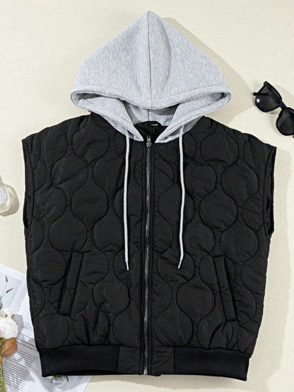 Oversized Drawstring Hooded Zip Up Puffer Vest