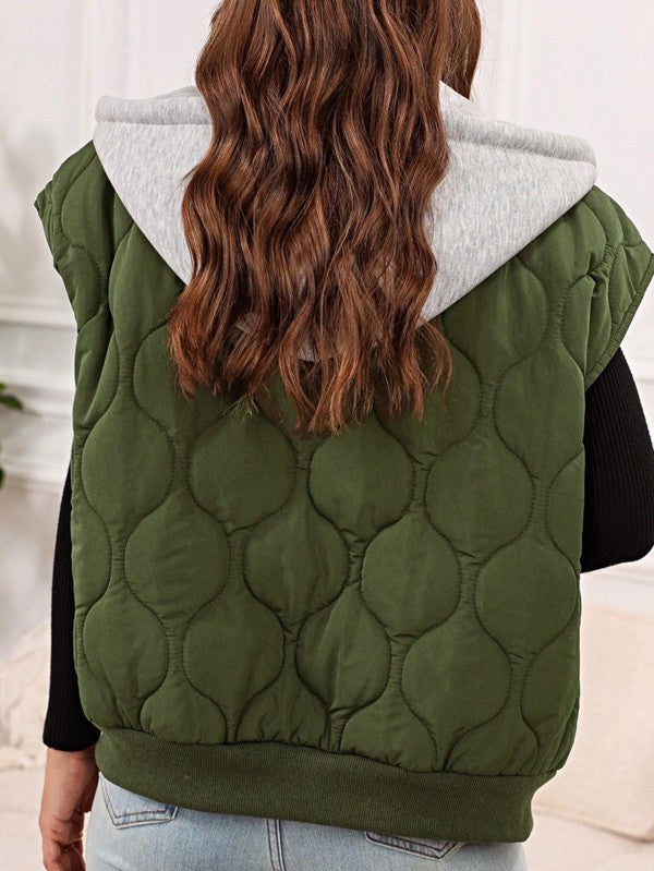 Oversized Drawstring Hooded Zip Up Puffer Vest