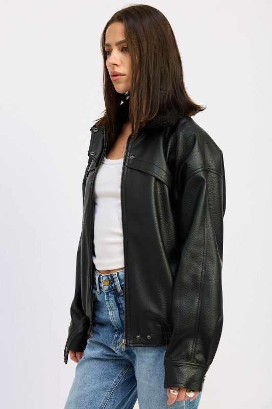 Emory Park Shearling Collar Vegan Leather Jacket
