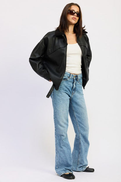 Emory Park Shearling Collar Vegan Leather Jacket
