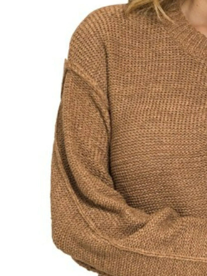Zenana Exposed Seam Round Neck Sweater in Camel
