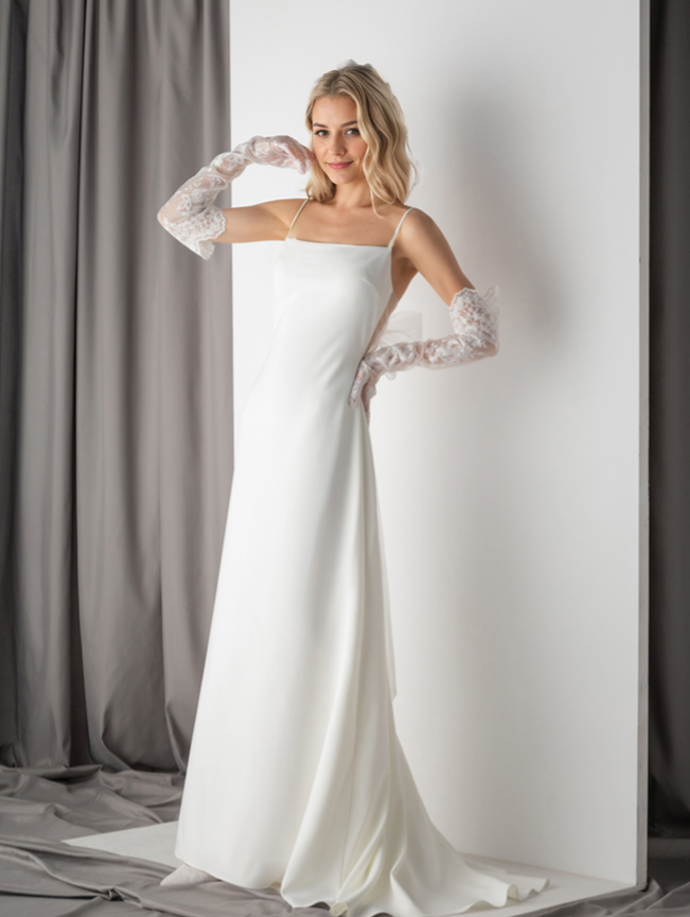 Minimalist Satin Wedding Dress with Delicate Bow Back & Sheer Gloves