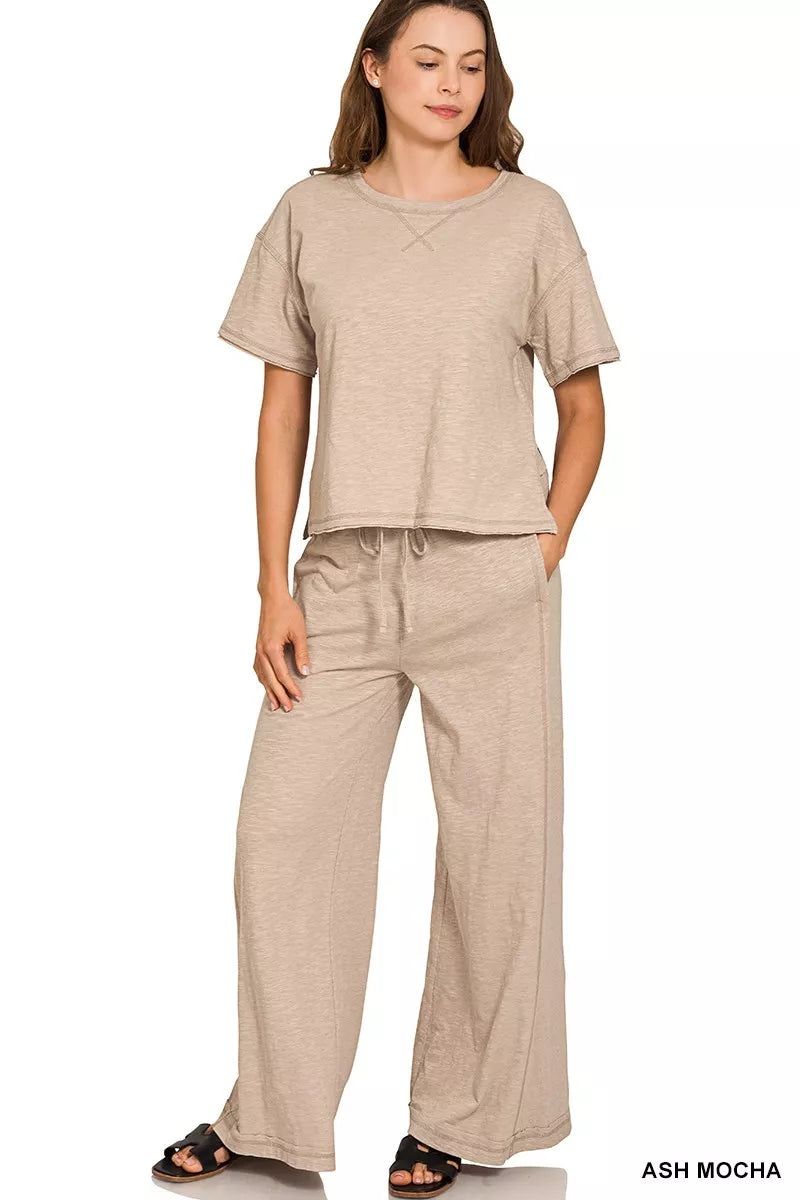 Zenana Cotton Slub Short Sleeve Tee and Pants Set in Mocha