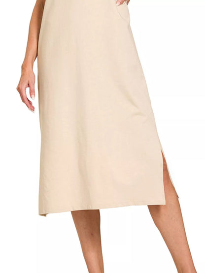 Zenana Round Neck Side Slit Midi Dress in Beige