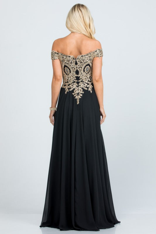 La Scala Off Shoulder Chiffon Gown with Lace Appliques