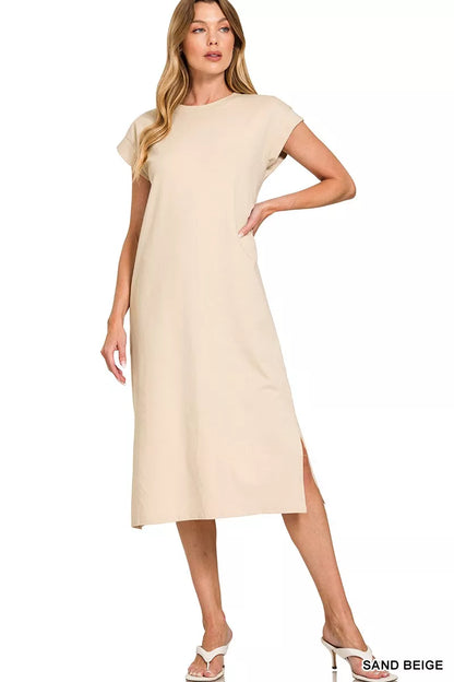 Zenana Round Neck Side Slit Midi Dress in Beige