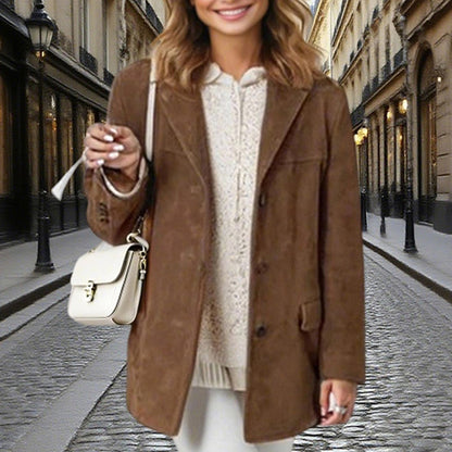 Suede-Look Blazer Jacket — V-Notch Lapel, Button-Front Casual Coat