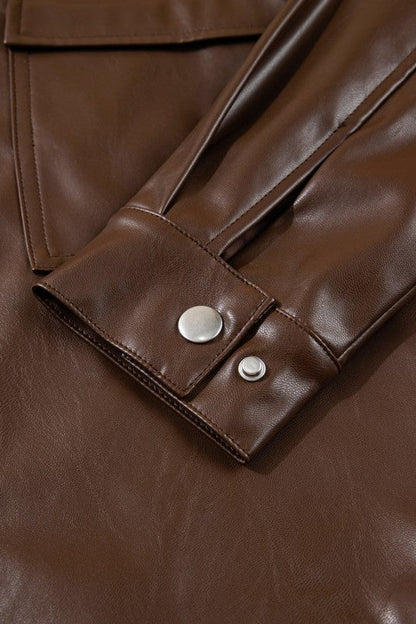 Leather Drawstring Hem Pocketed Jacket