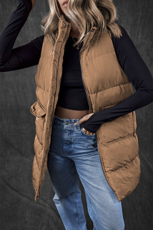 Solid Zip-Up Pocketed Puffer Vest