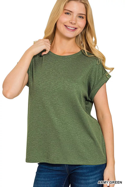 Zenana Cotton Modal Slub Rolled Sleeve T-Shirt in Army Green