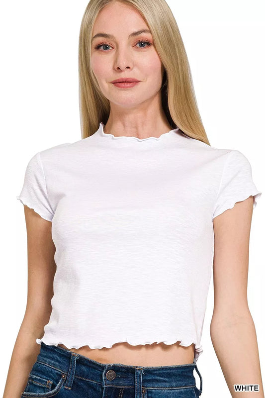 Zenana Cotton Modal Slub Lettuce Trimmed Cropped T-Shirt in White
