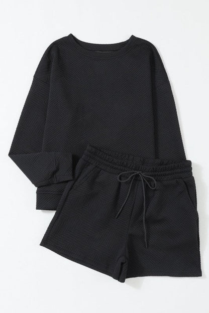 Textured Long Sleeve Top and Drawstring Shorts Set