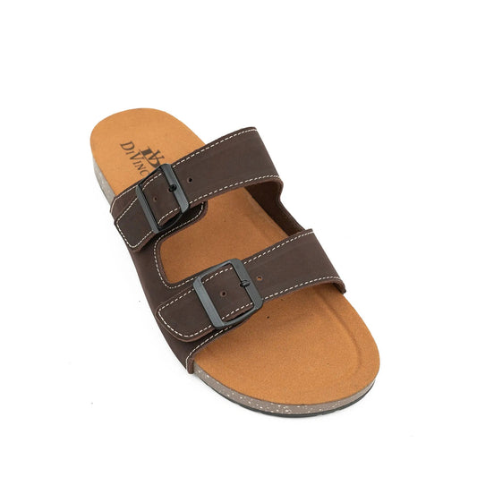 Brown Double - Strap Buckle Slide Sandals