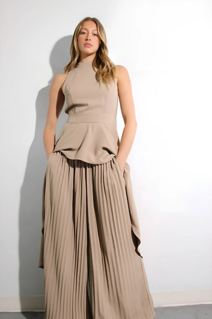 Escape to Milan Taupe Pleated Pants Set - Lolomo!
