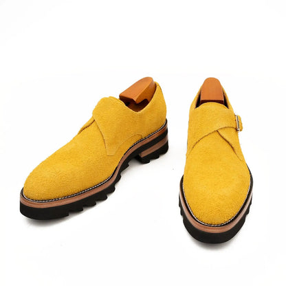Lemon Yellow Cow Suede Monk Strap Shoes