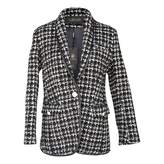 Black & White Tweed Checkers Blazer – Women’s Chic Tailored Jacket