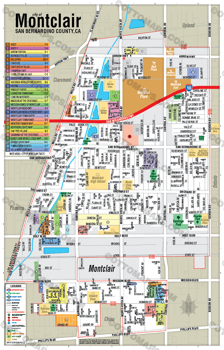Montclair Map, San Bernardino County, CA -  POSTER PRINTS