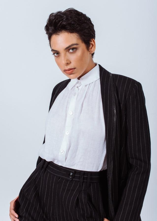 Pantalones de traje de raya diplomática negra: pantalones de oficina a medida para mujer