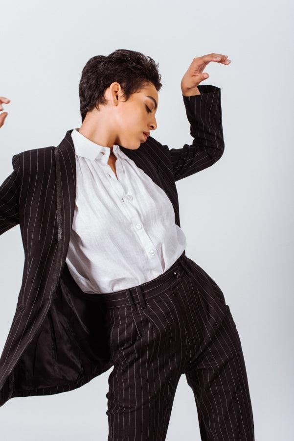 Pantalones de traje de raya diplomática negra: pantalones de oficina a medida para mujer