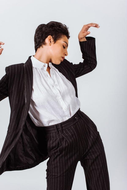 Pantalones de traje de raya diplomática negra: pantalones de oficina a medida para mujer