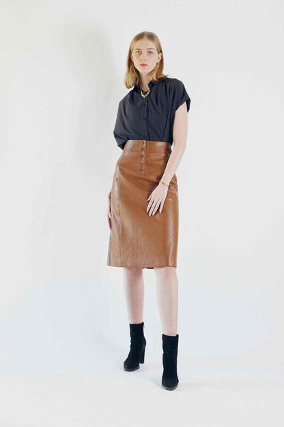 Glossy Brown Vegan Leather Pencil Skirt – Women’s Chic Leather Skirt