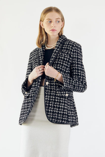 Black & White Tweed Checkers Blazer – Women’s Chic Tailored Jacket