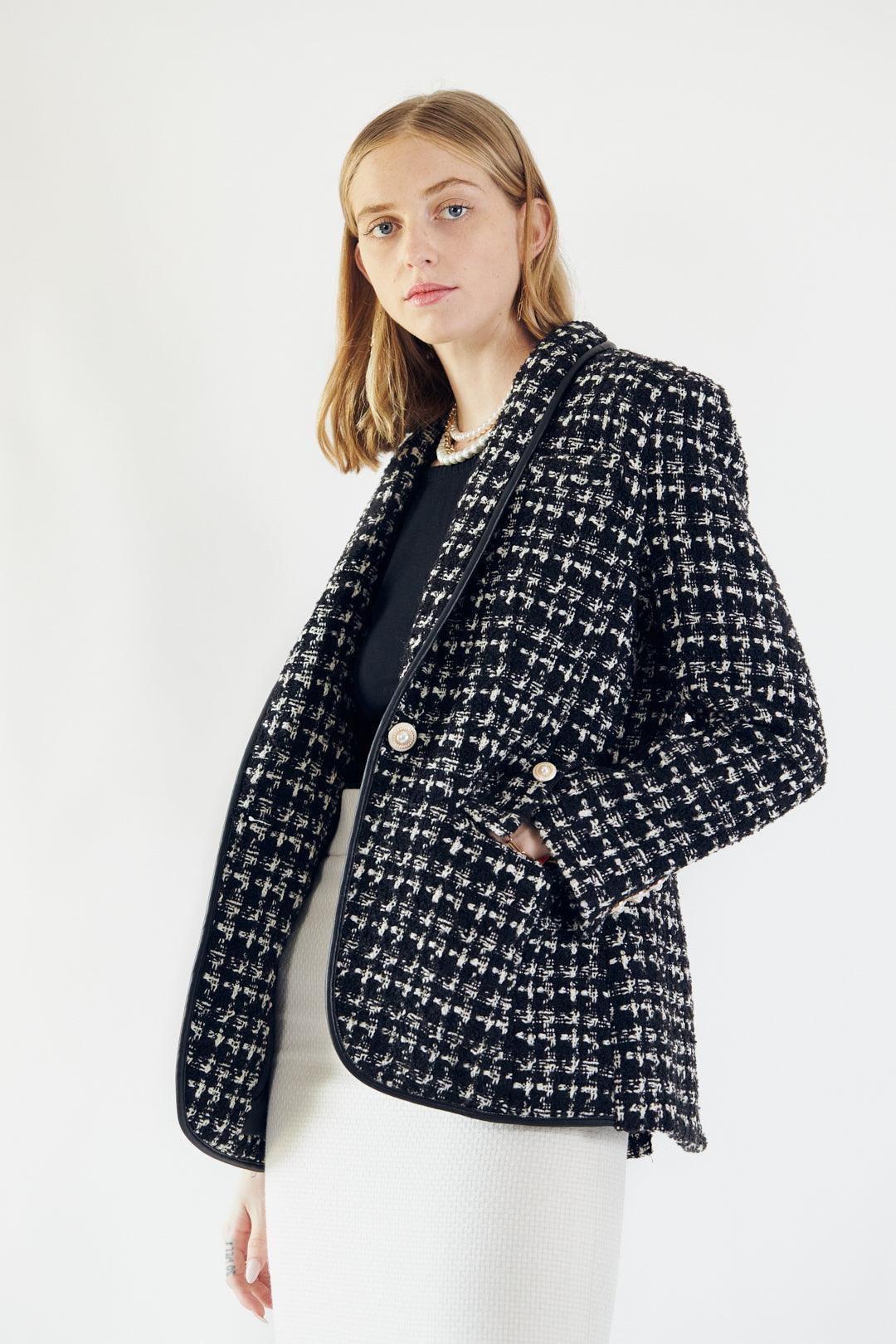Black & White Tweed Checkers Blazer – Women’s Chic Tailored Jacket