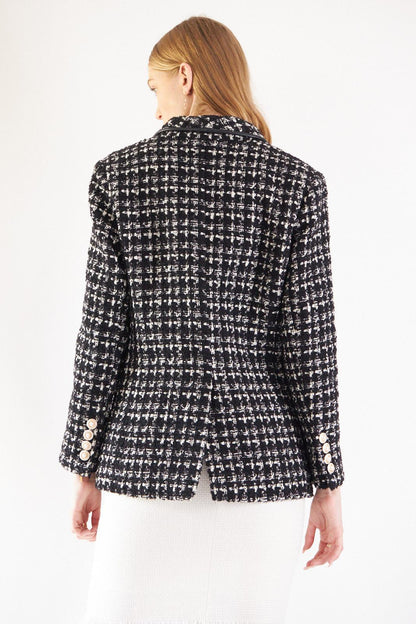 Black & White Tweed Checkers Blazer – Women’s Chic Tailored Jacket