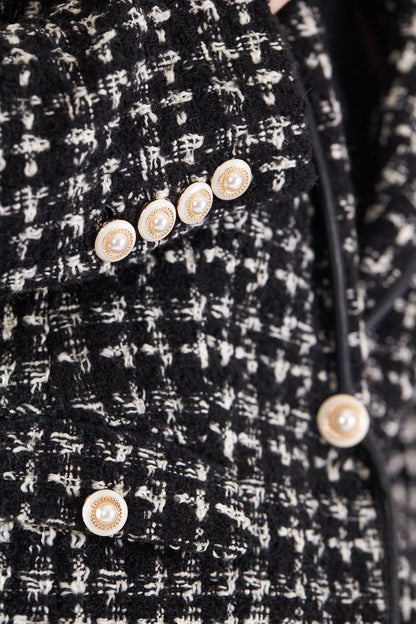 Black & White Tweed Checkers Blazer – Women’s Chic Tailored Jacket