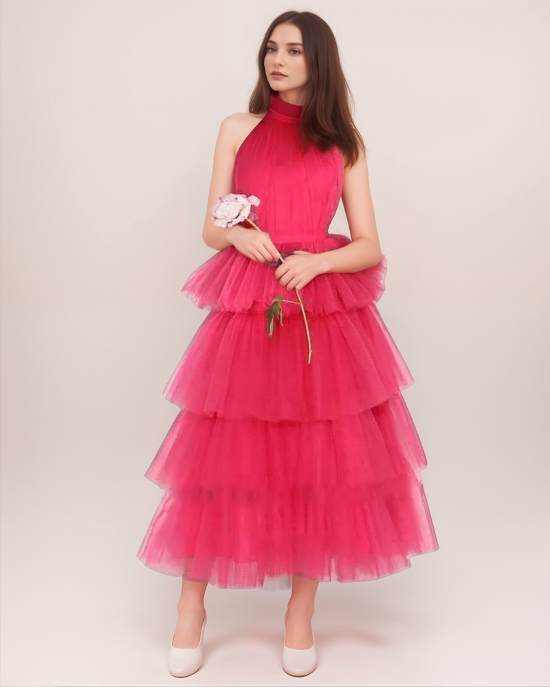 Ruffle Layered tulle Hem Haltered A-line tutu French style long prom dress