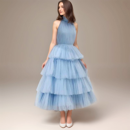 Ruffle Layered tulle Hem Haltered A-line tutu French style long prom dress