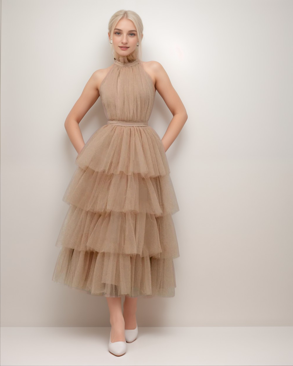 Ruffle Layered tulle Hem Haltered A-line tutu French style long prom dress