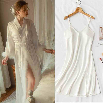 Elegant Satin Feather-Trimmed Robe & Nightdress Set - Luxury Bridal & Lounge Wear