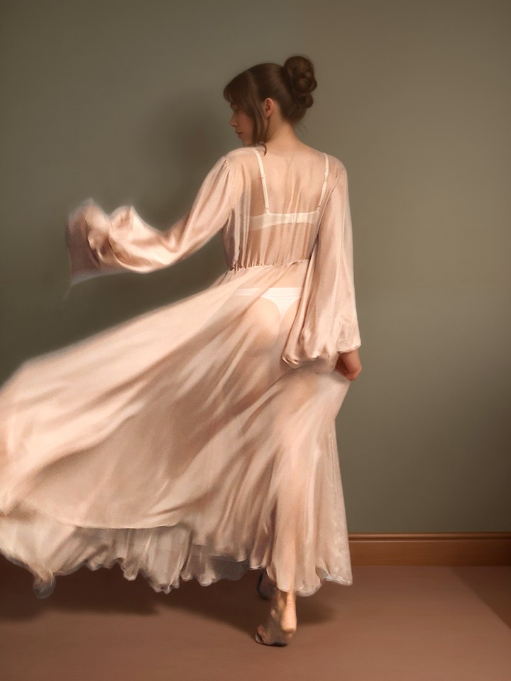 Unique Silky Shiny Crinkle Chiffon long Lingerie Robe dress